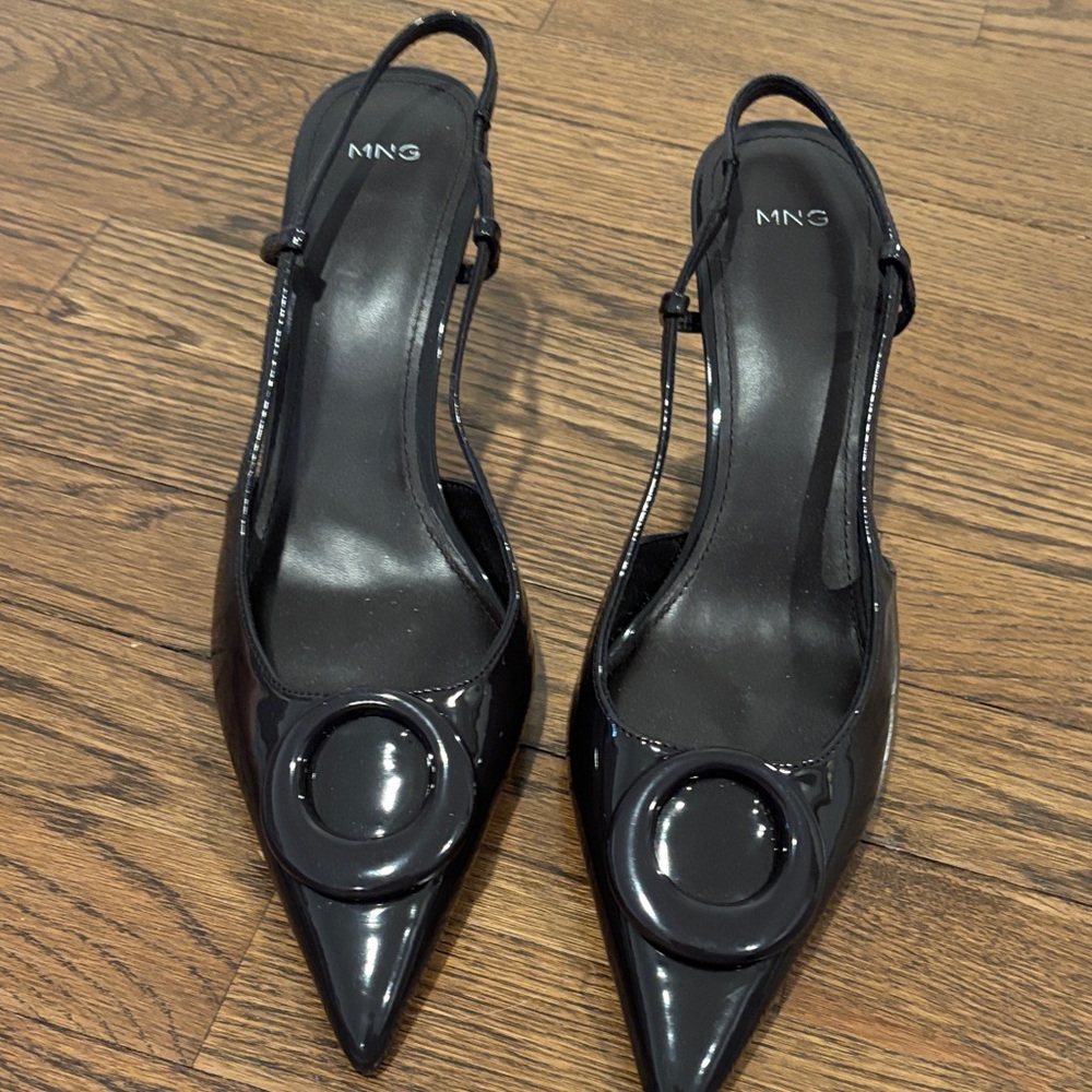 Mango Dark Brown almost Black Patent Pointed Slingback Pumps. Never Worn.